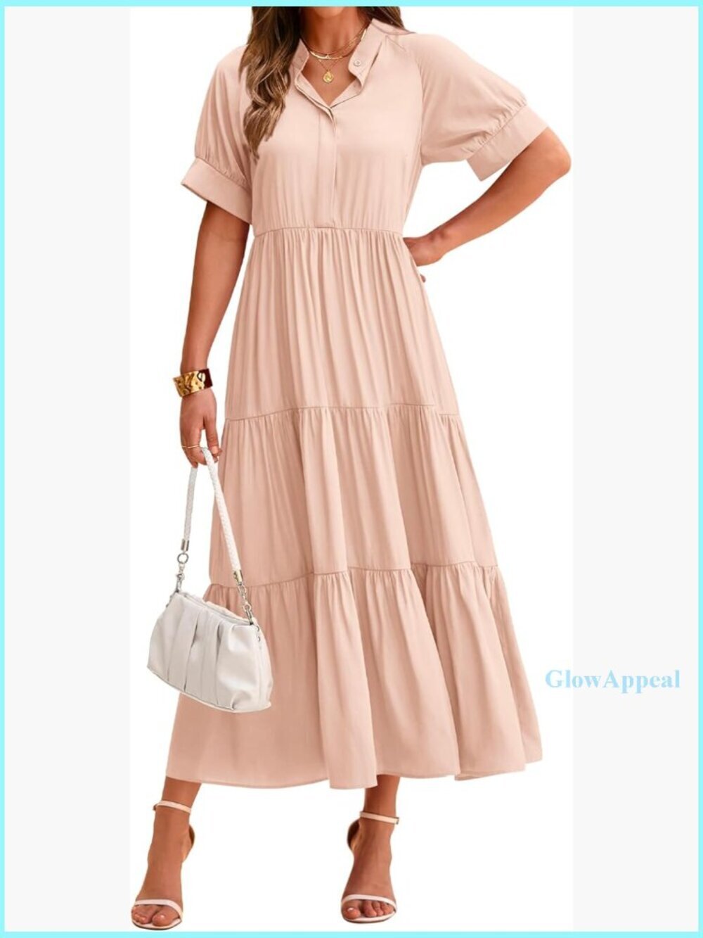 Midi Dress Short Sleeve V-Neck Button Front Loose Fit Flowy Swing Boho